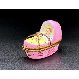 Authentic Limoges Trinket Box – Sleeping Baby in Pink Cradle | Peint Main France